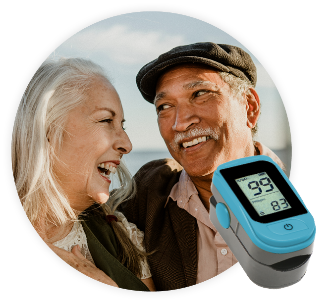 An elderly couple smiling together in a circular frame, overlaid with a blue pulse oximeter displaying a 99% oxygen level and an 83 bpm heart rate.