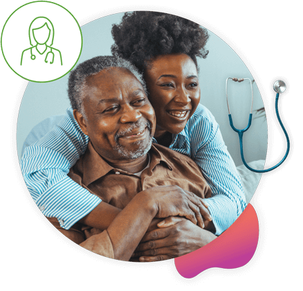 Elderly man and daughter smiling together, representing home health support.