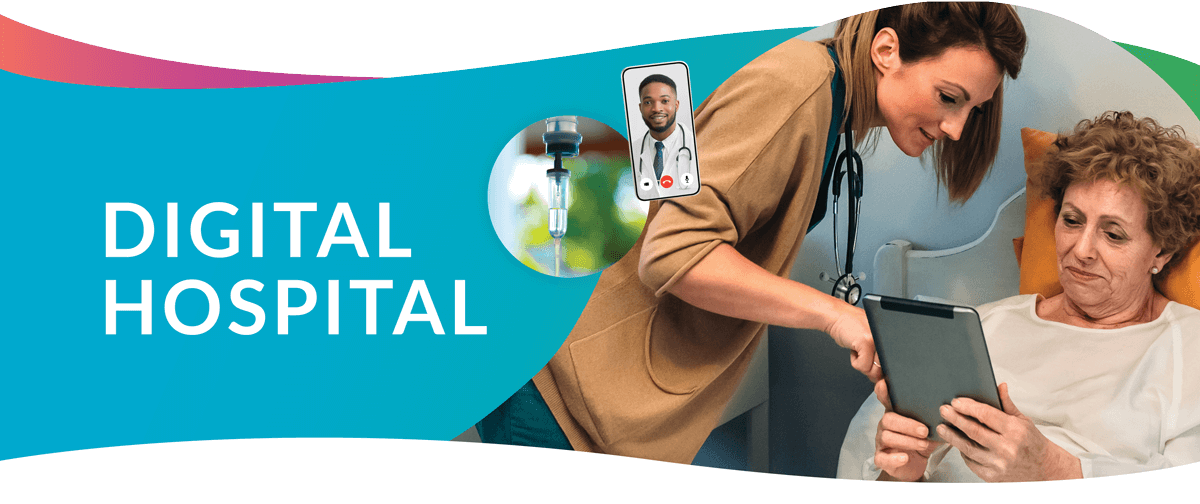 A healthcare professional in a brown scrub top showing a tablet to an elderly patient in bed. Overlaid graphics show a digital call with a doctor and an IV drip, with the text 'DIGITAL HOSPITAL' on a blue background.