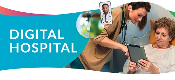 A healthcare professional in a brown scrub top showing a tablet to an elderly patient in bed. Overlaid graphics show a digital call with a doctor and an IV drip, with the text 'DIGITAL HOSPITAL' on a blue background.