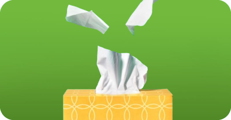 An illustration of a tissue box with tissues floating in the air, symbolizing cold and flu season or allergy relief.