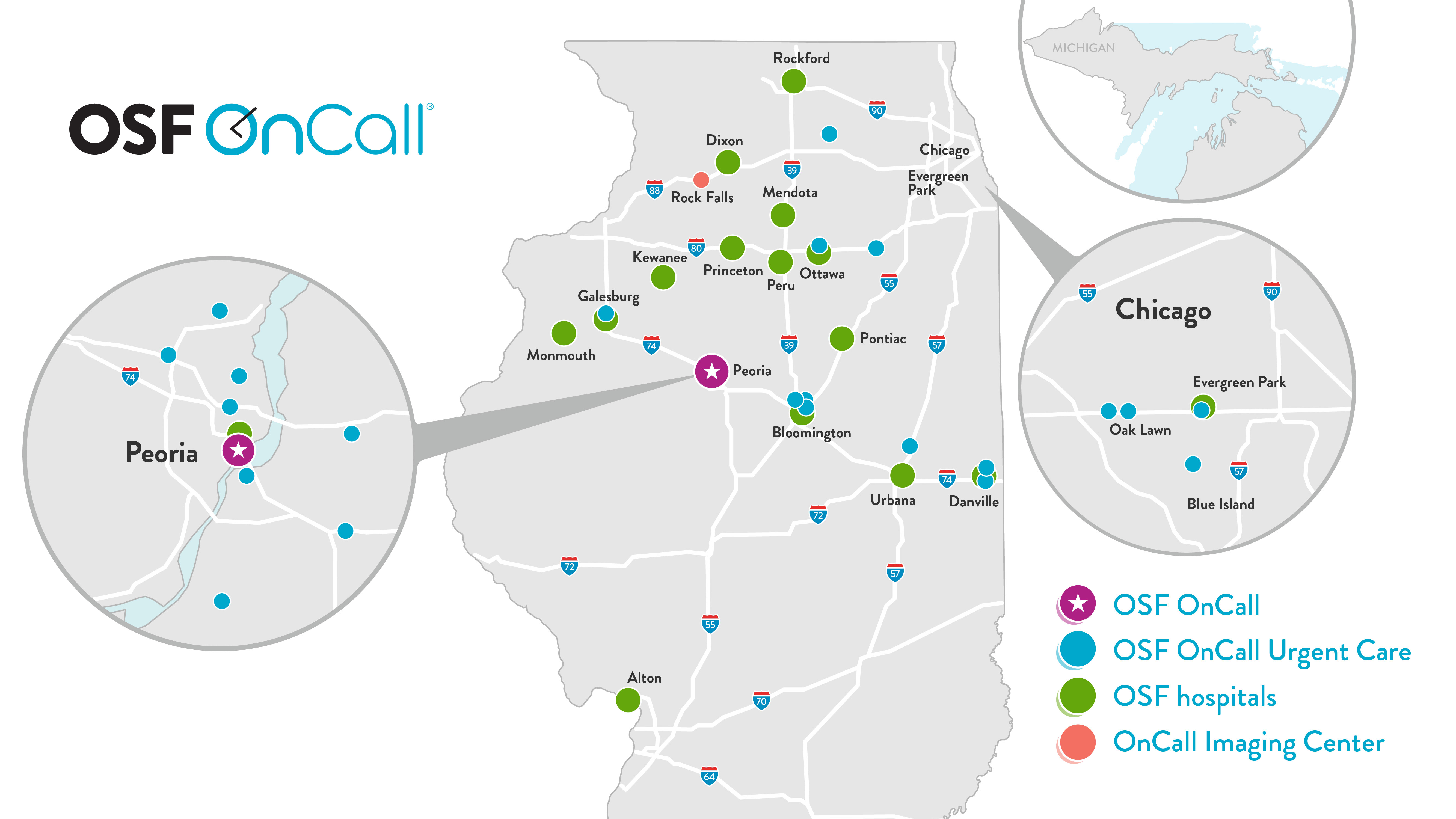 Map of Illinois showing OSF HealthCare locations, featuring a central hub in Peoria, various OSF hospitals in green, OSF OnCall Urgent Care centers in teal, and OnCall Imaging Centers in orange. Insets provide detailed views of the Peoria and Chicago metropolitan areas.