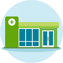 Illustration of a green urgent care clinic building with a medical cross icon and large glass windows.