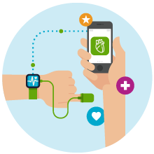 Illustration of a person using a smartwatch and smartphone for digital health tracking.