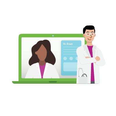 An  illustration of an 'Integrated Telehealth Platform' showing a male doctor standing next to a laptop. The screen displays a female doctor during a video call, while connected icons represent patient data access, secure cloud networking, and continuity of care.
