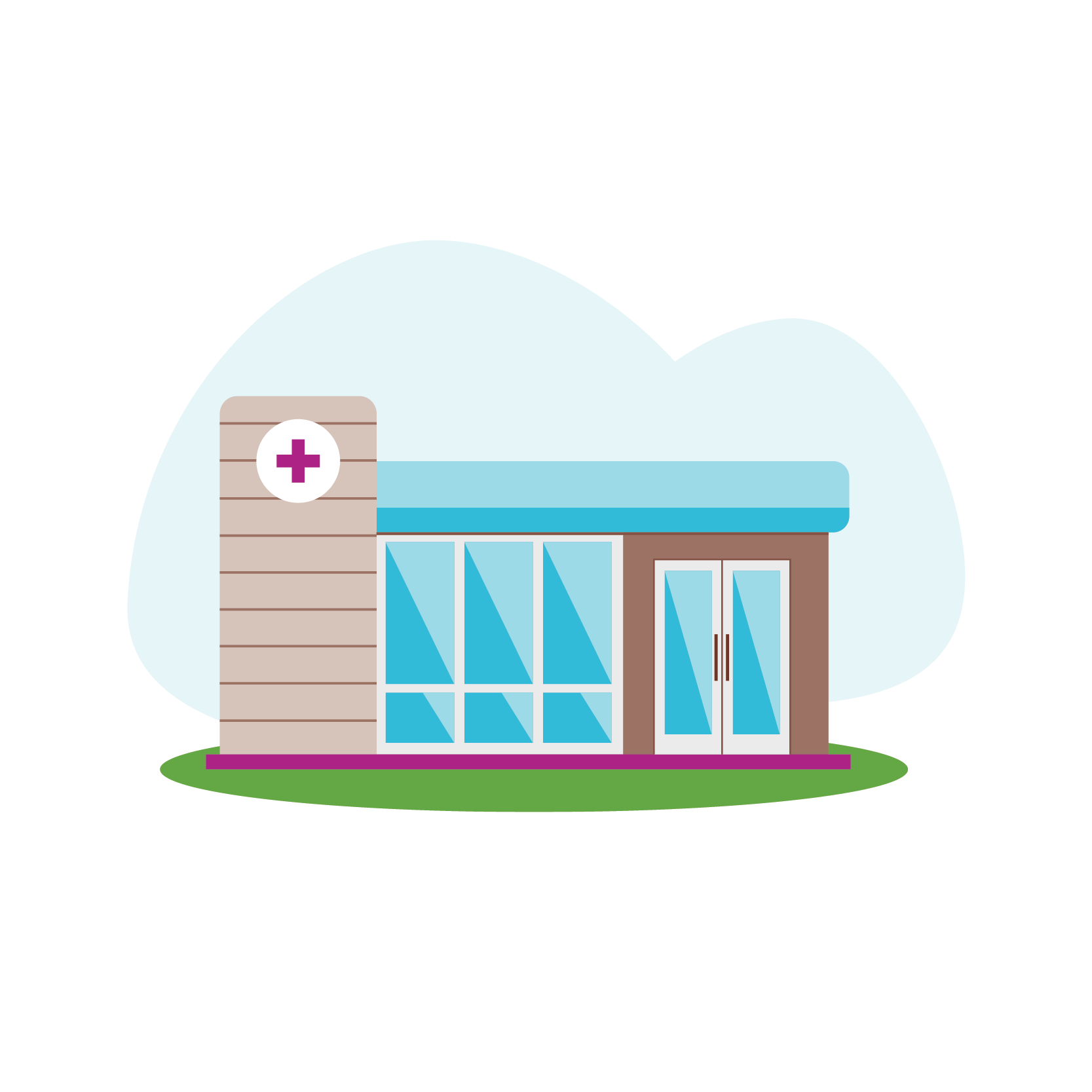Illustration of a modern urgent care or medical clinic building with a purple cross sign.