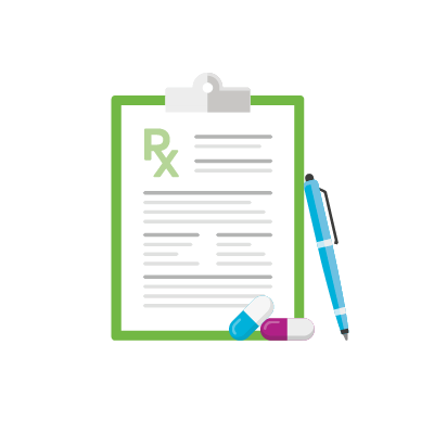 Graphic illustration of a green-bordered clipboard featuring an Rx symbol, blue pen, and three colorful medicine capsules at the bottom.