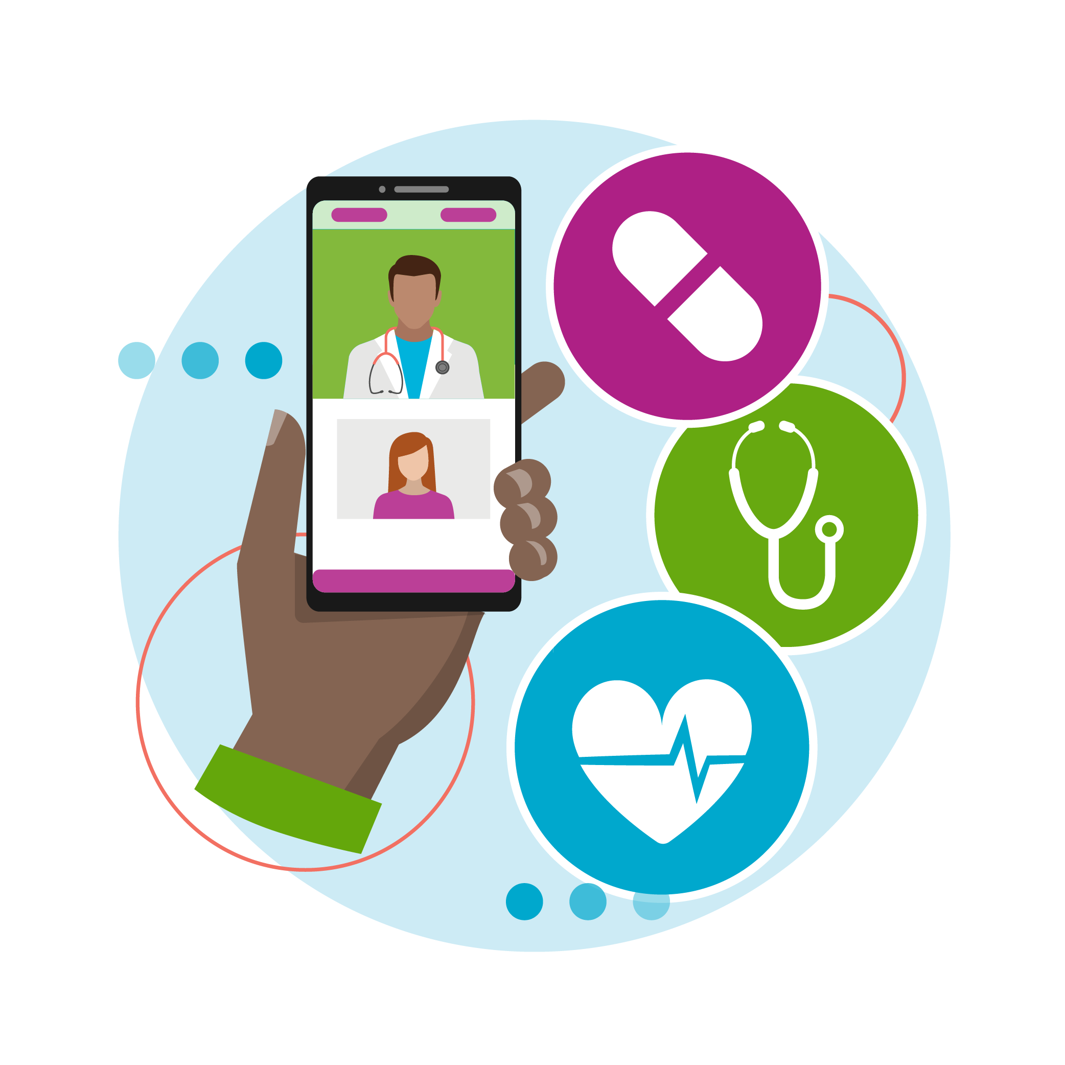 Illustration of a person holding a smartphone showing a video call with a doctor, surrounded by icons for medication, a stethoscope, and a heart monitor.