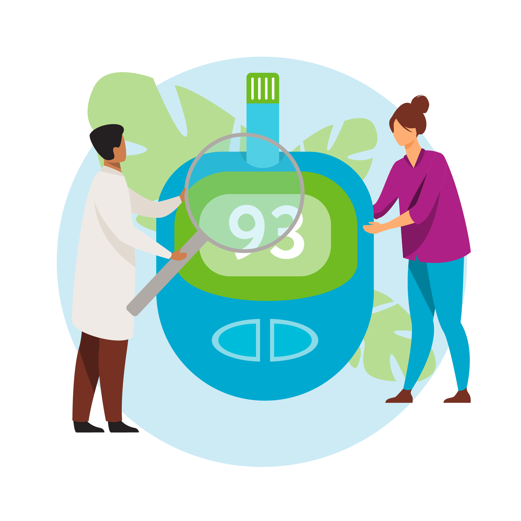 Illustration of a healthcare provider and a patient standing next to a large digital glucose monitor displaying a reading of 93.