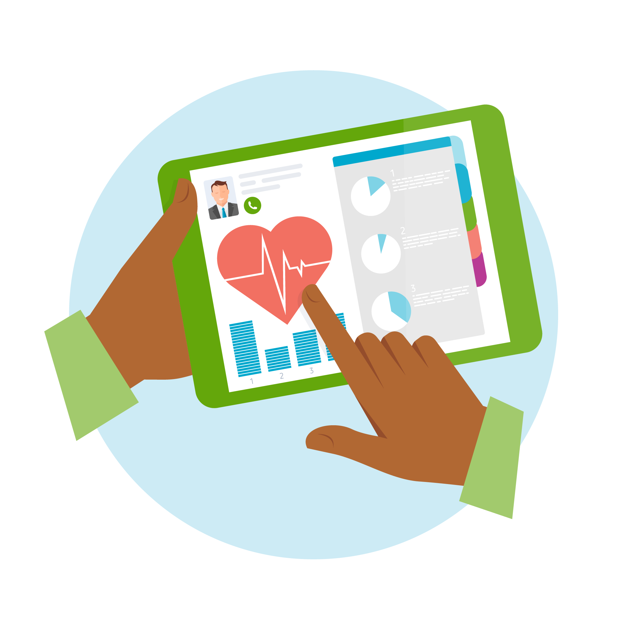 An illustration of a person's hands holding a green tablet displaying a remote patient monitoring dashboard, featuring a large red heart with an ECG pulse line and health data charts.