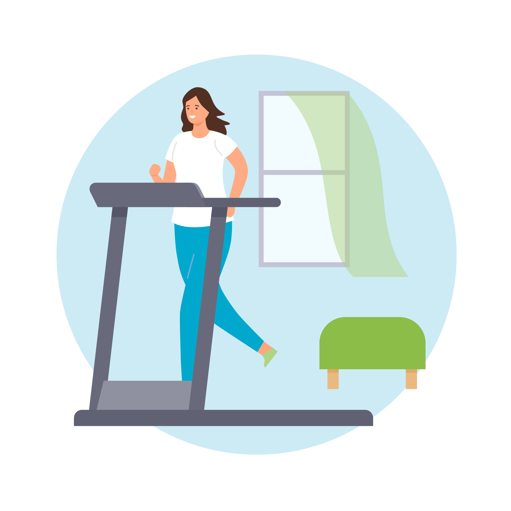 Illustration of a woman in athletic wear walking on a treadmill in a bright room with a window and a green ottoman.