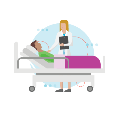 Illustration of a healthcare provider standing at a patient's bedside holding a clipboard.
