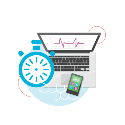 A circular icon containing a blue stopwatch, a laptop with a sinus rhythm pulse on the screen, and a mobile phone, symbolizing quick digital provider communication.