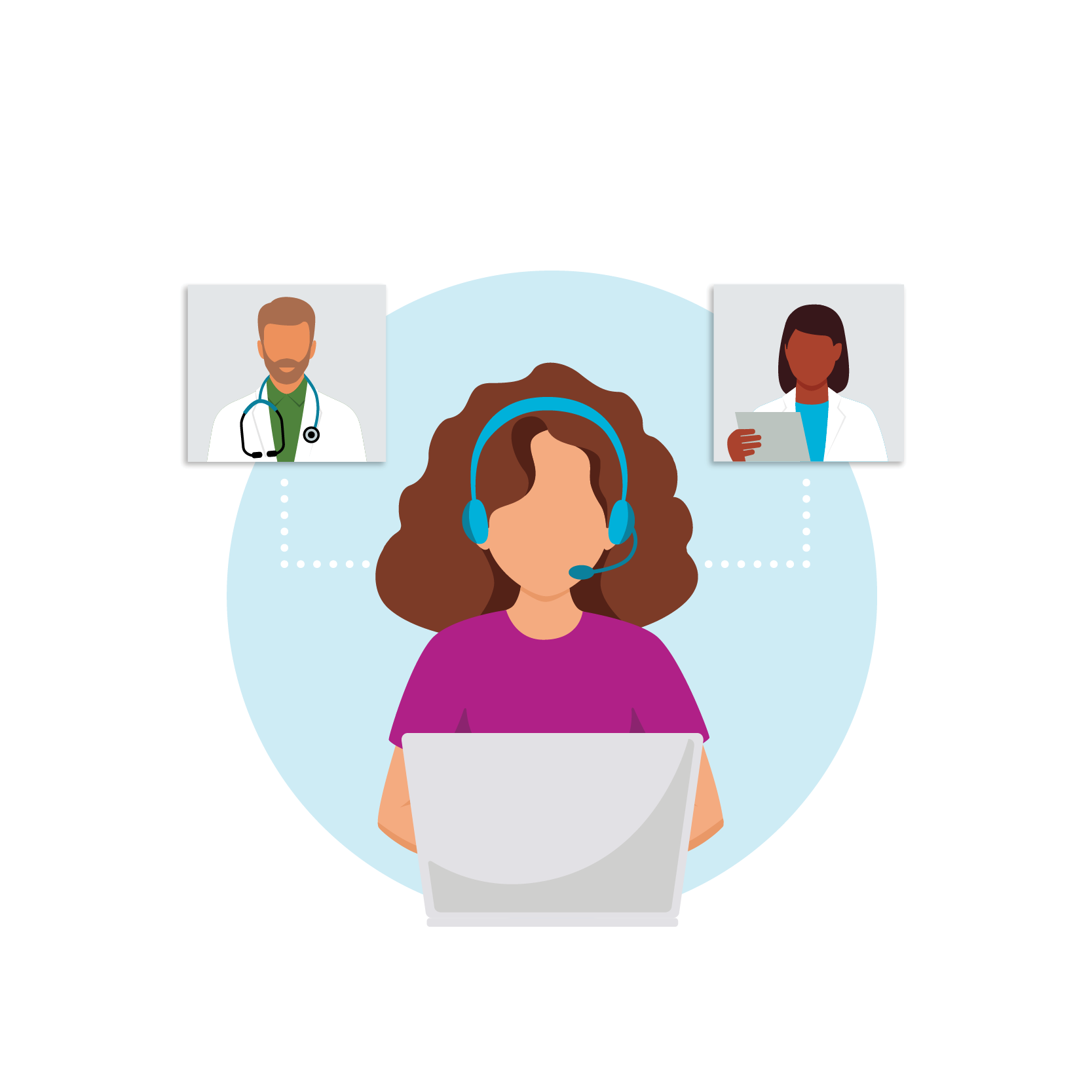 An illustration of a woman wearing a headset and using a laptop, representing a telehealth coordinator or patient navigator, connecting with two medical professionals shown in digital windows above her.