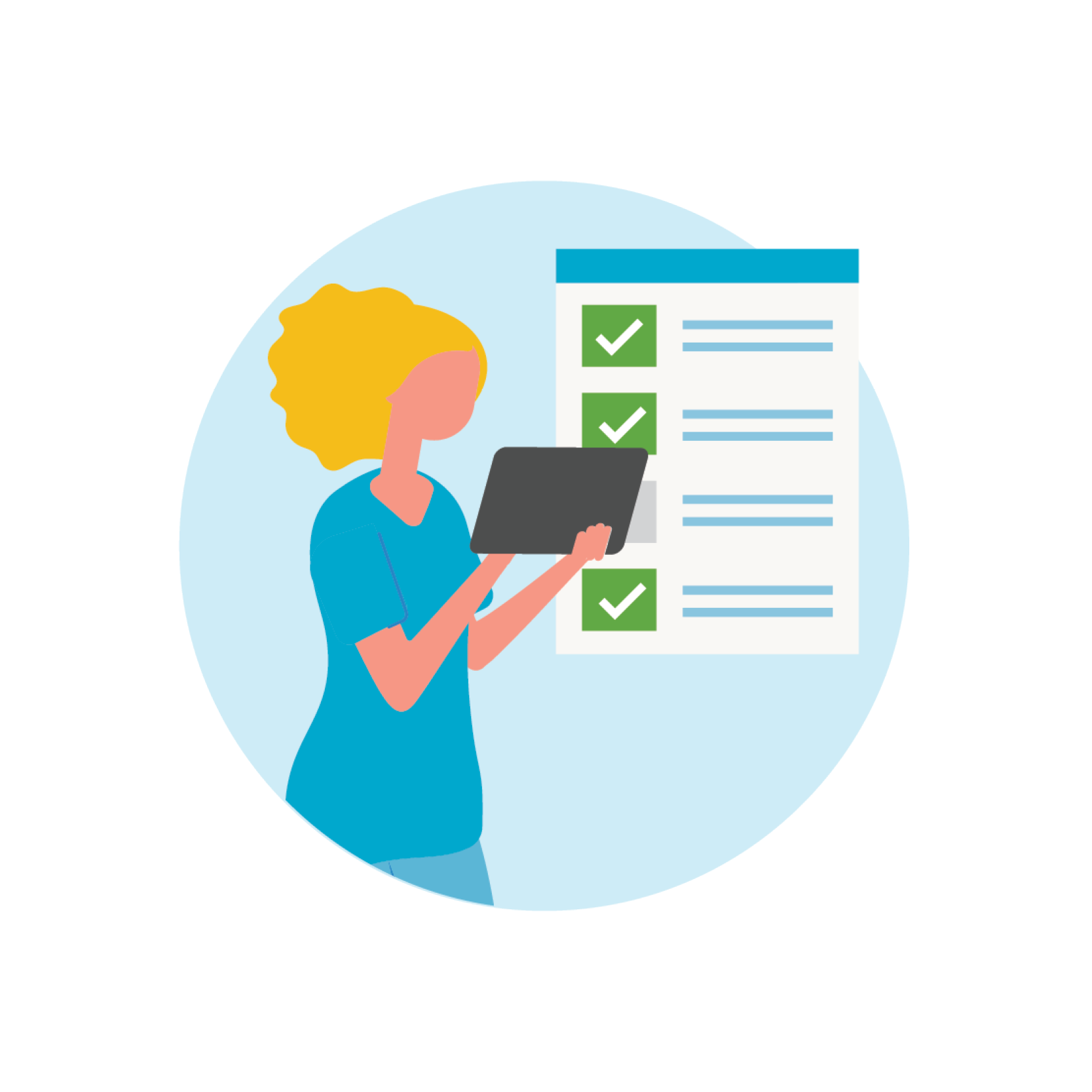 An illustration of a woman using a tablet while standing next to a large checklist with three green checkmarks.