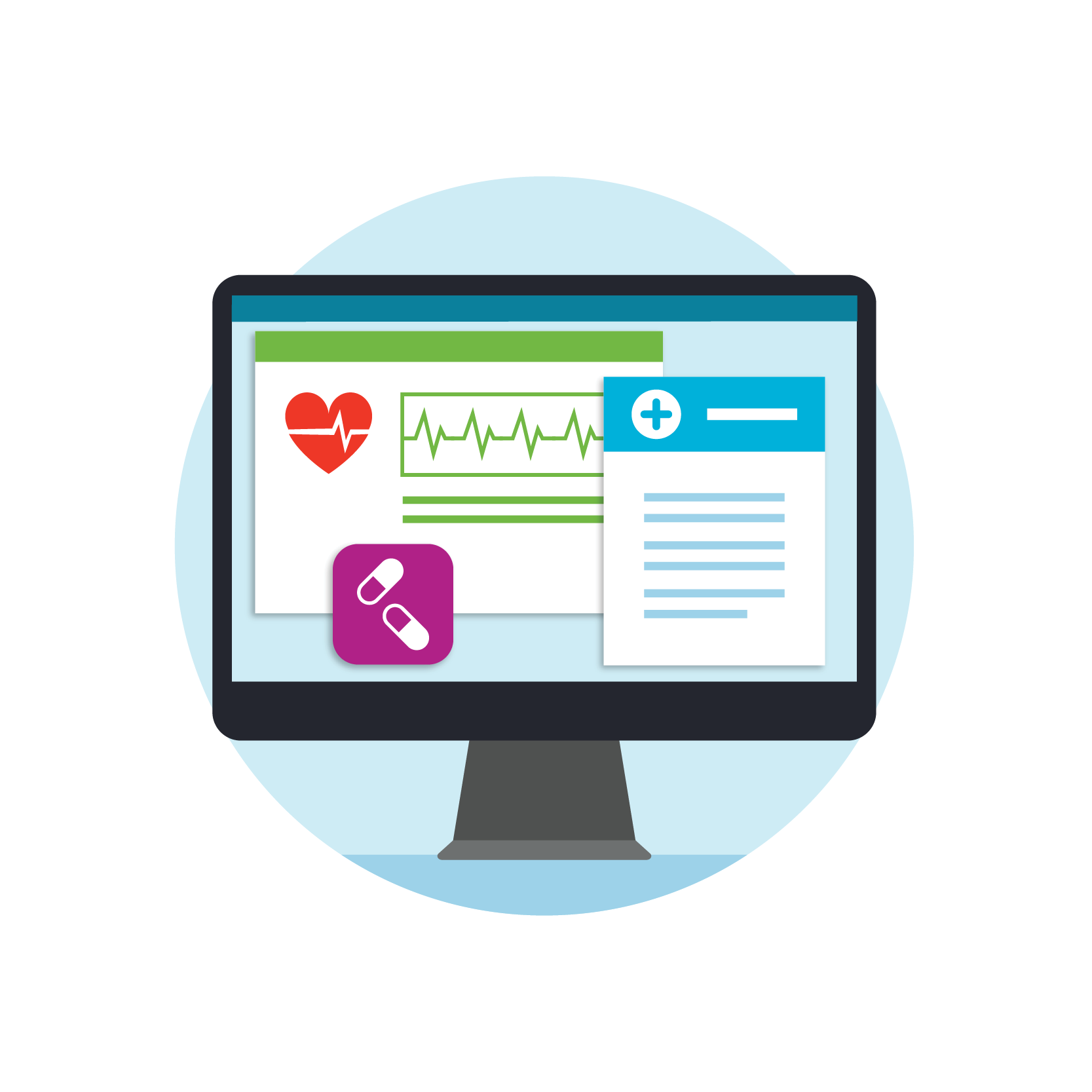 An illustration of a computer monitor displaying a medical patient portal with icons for heart rate, medication, and a digital health record.
