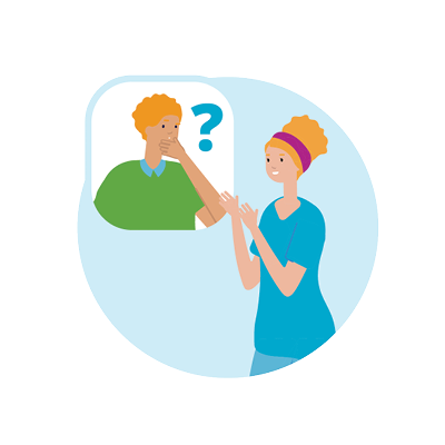 Illustration of a healthcare provider explaining a medical concept to a patient who looks thoughtful with a question mark above his head.