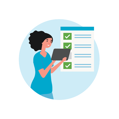 Illustration of a healthcare professional in blue scrubs using a tablet to review a checklist with green checkmarks.