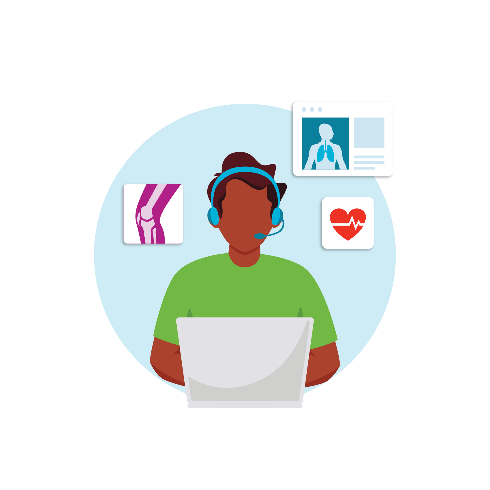 An illustration of a healthcare provider wearing a headset and using a laptop, surrounded by icons representing a knee X-ray, lungs, and a heart.