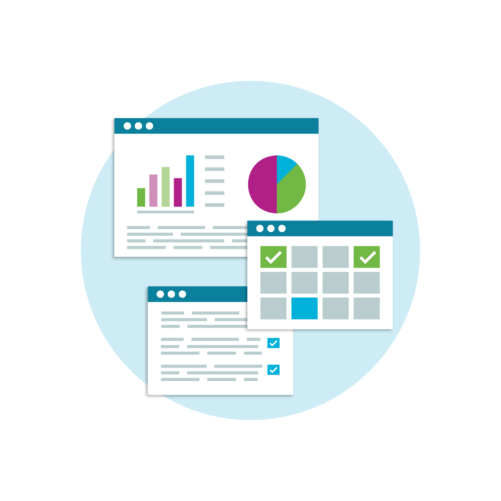 An illustration of three overlapping digital interface windows inside a light blue circle: one showing a bar chart and pie chart, one showing a calendar with checkmarks, and one showing a checklist.