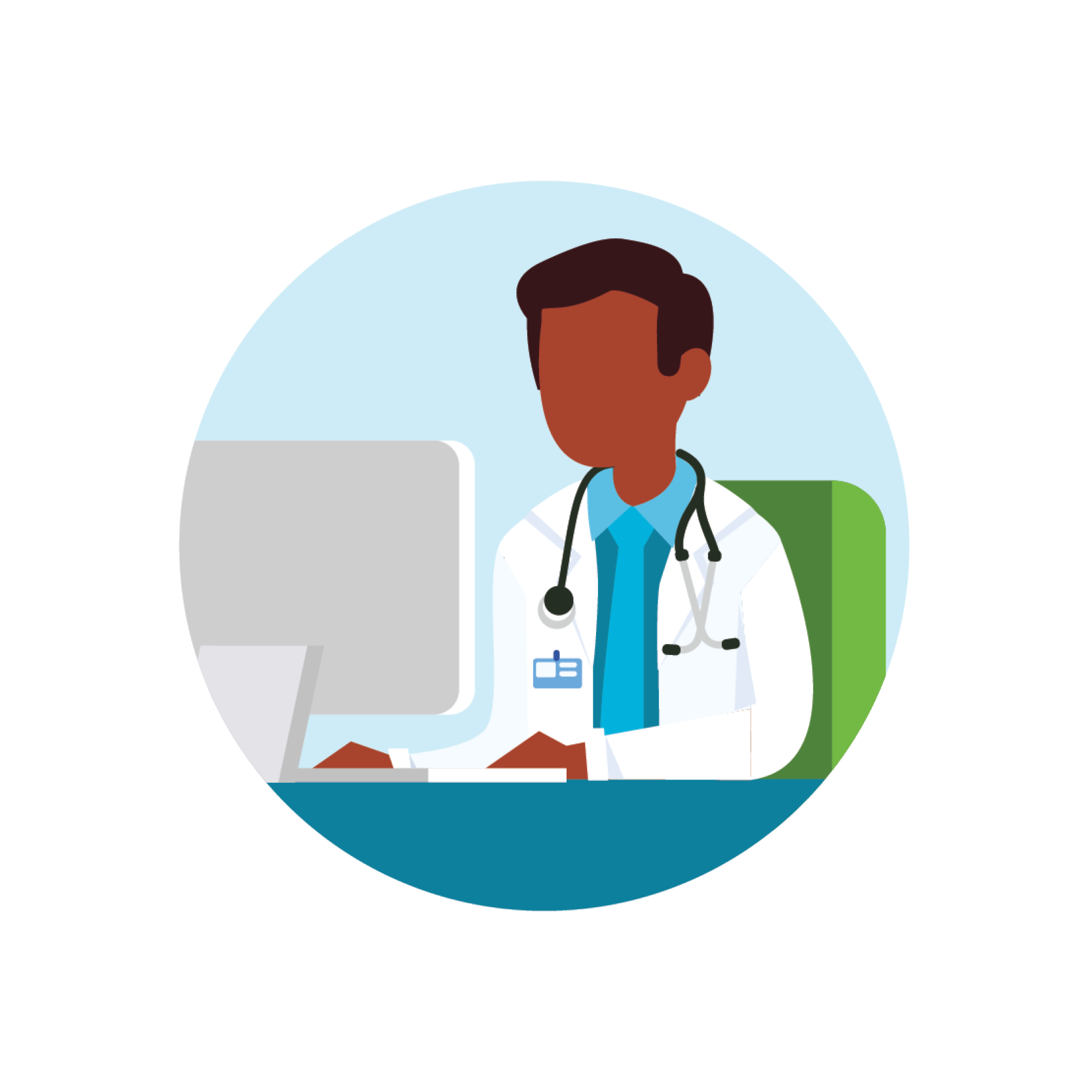 Medical professional at a workstation representing healthcare staffing and telehealth services.