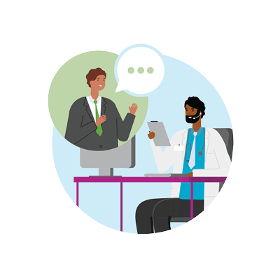 Illustration of a healthcare provider at a desk conducting a virtual consultation with a patient appearing on a computer screen.