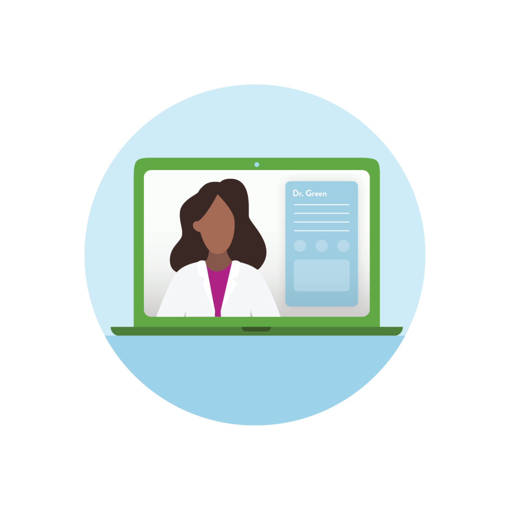 Illustration of a female doctor, appearing on a laptop screen for a video consultation.