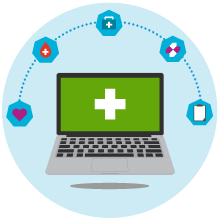 A digital illustration of a laptop with a large medical cross on the screen, surrounded by a semi-circle of icons representing heart rate, blood pressure, and other medical vitals, symbolizing remote intensive care or telehealth services.