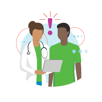 Illustration of a healthcare provider intervening and discussing medical data on a tablet with a patient.