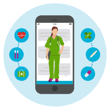 Graphic depicting a virtual nursing or telehealth consultation via a smartphone.
