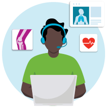 Graphic for an after-hours medical answering service featuring a male doctor in scrubs and various medical icons.