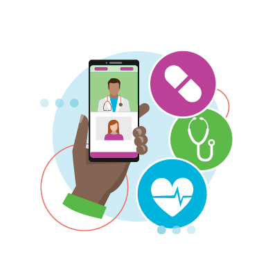 Illustration of a hand holding a smartphone showing a video call between a doctor and patient, surrounded by medical icons for medication, a stethoscope, and a heart rate monitor.