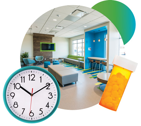 Modern medical waiting room with green and blue seating, a wall-mounted TV, and large windows, overlaid with a clock and an orange prescription pill bottle graphic.
